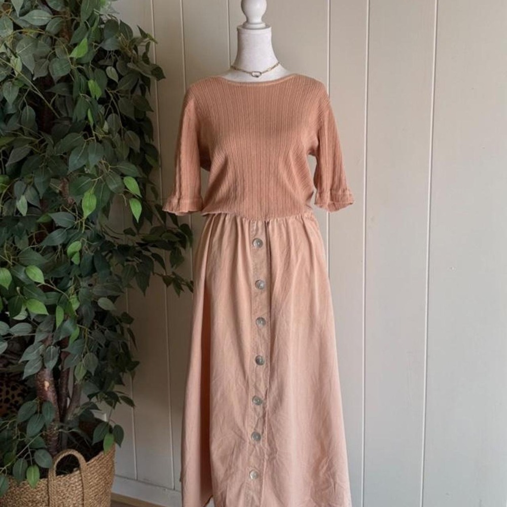 Vintage FADS Soft Pink Midi Dress Button Front 100% Cotton Women's Size 6